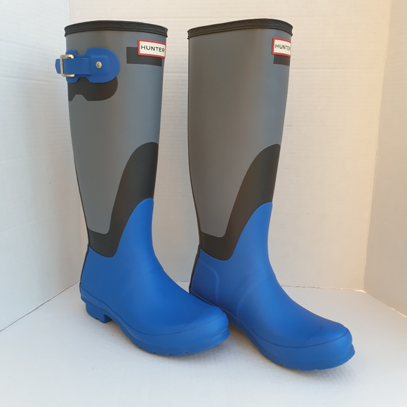 Hunter Wm's Original Tall Wellington Shadow Print Rainboots Grey, Bucket Blue  7 - Picture 3 of 16
